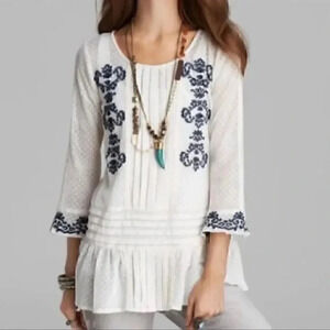 Free People Jocely’n Boho Lace Embroidered Pleated Bell Sleeves Top Women’s Sz S